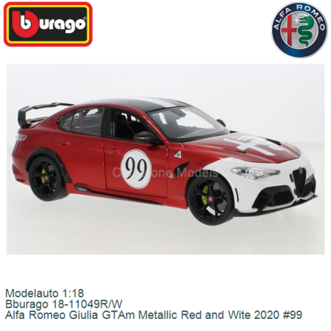 Modelauto 1:18 | Bburago 18-11049R/W | Alfa Romeo Giulia GTAm Metallic Red and Wite 2020 #99