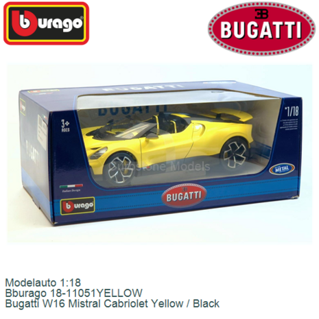 Modelauto 1:18 | Bburago 18-11051YELLOW | Bugatti W16 Mistral Cabriolet Yellow / Black