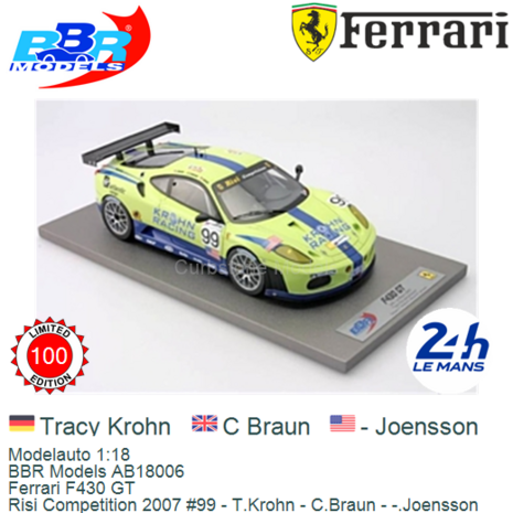 Modelauto 1:18 | BBR Models AB18006 | Ferrari F430 GT | Risi Competition 2007 #99 - T.Krohn - C.Braun - -.Joensson