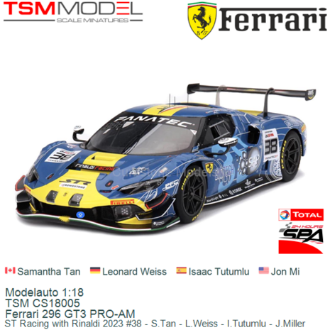 Modelauto 1:18 | TSM CS18005 | Ferrari 296 GT3 PRO-AM | ST Racing with Rinaldi 2023 #38 - S.Tan - L.Weiss - I.Tutumlu - J.Mille