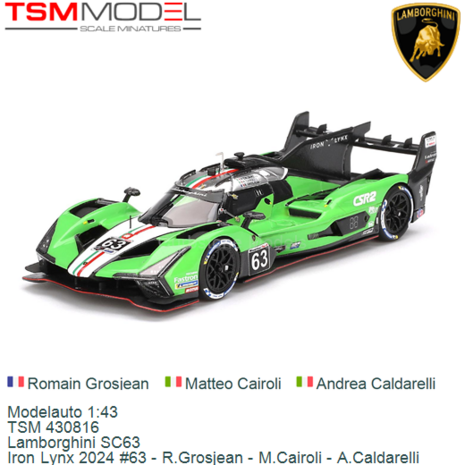 Modelauto 1:43 | TSM 430816 | Lamborghini SC63 | Iron Lynx 2024 #63 - R.Grosjean - M.Cairoli - A.Caldarelli