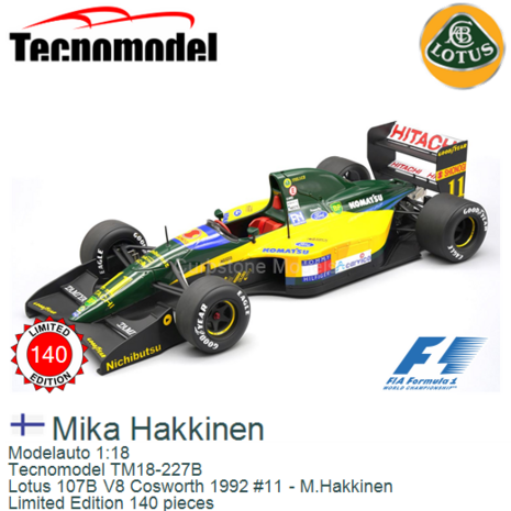 Modelauto 1:18 | Tecnomodel TM18-227B | Lotus 107B V8 Cosworth 1992 #11 - M.Hakkinen