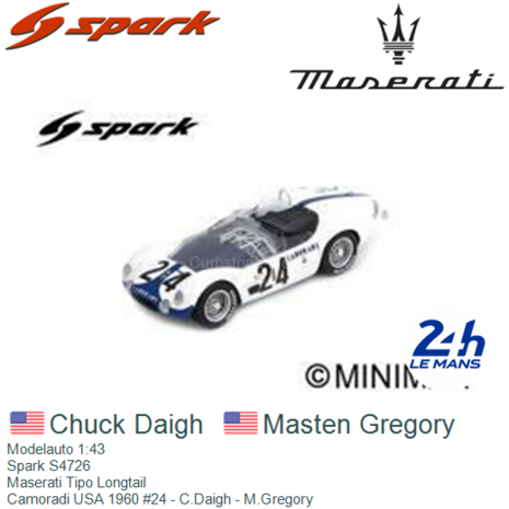 Modelauto 1:43 | Spark S4726 | Maserati Tipo Longtail | Camoradi USA 1960 #24 - C.Daigh - M.Gregory