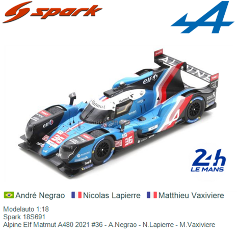 Modelauto 1:18 | Spark 18S691 | Alpine Elf Matmut A480 2021 #36 - A.Negrao - N.Lapierre - M.Vaxiviere