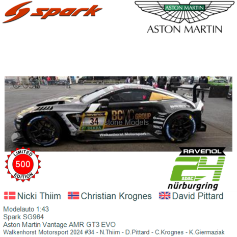 Modelauto 1:43 | Spark SG964 | Aston Martin Vantage AMR GT3 EVO | Walkenhorst Motorsport 2024 #34 - N.Thiim - D.Pittard - C.Kro