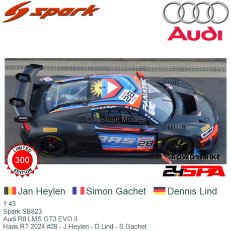 1:43 | Spark SB823 | Audi R8 LMS GT3 EVO II | Haas RT 2024 #28 - J.Heylen - D.Lind - S.Gachet