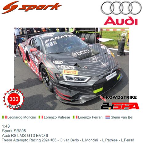 1:43 | Spark SB805 | Audi R8 LMS GT3 EVO II | Tresor Attempto Racing 2024 #88 - G.van Berlo - L.Moncini  - L.Patrese - L.Ferrar