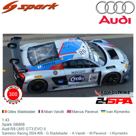 1:43 | Spark SB809 | Audi R8 LMS GT3 EVO II | Sainteloc Racing 2024 #26 - G.Stadsbader  - A.Varutti  - M.Paverud  - I.Klymenko 