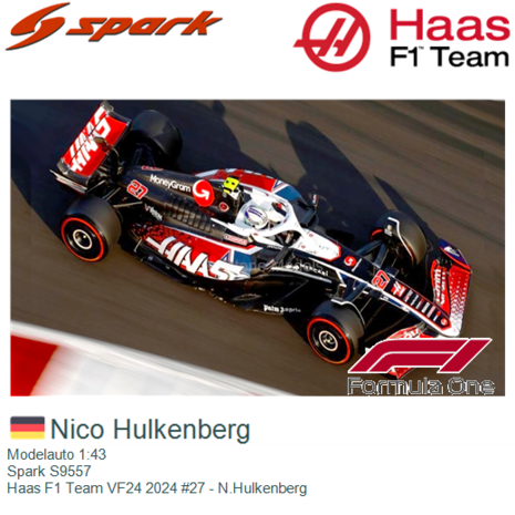 Modelauto 1:43 | Spark S9557 | Haas F1 Team VF24 2024 #27 - N.Hulkenberg