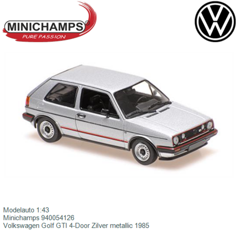 Modelauto 1:43 | Minichamps 940054126 | Volkswagen Golf GTI 4-Door Zilver metallic 1985