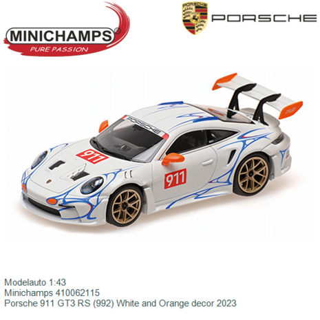 Modelauto 1:43 | Minichamps 410062115 | Porsche 911 GT3 RS (992) White and Orange decor 2023