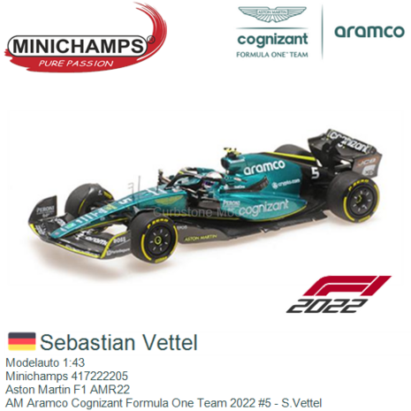 Modelauto 1:43 | Minichamps 417222205 | Aston Martin F1 AMR22 | AM Aramco Cognizant Formula One Team 2022 #5 - S.Vettel