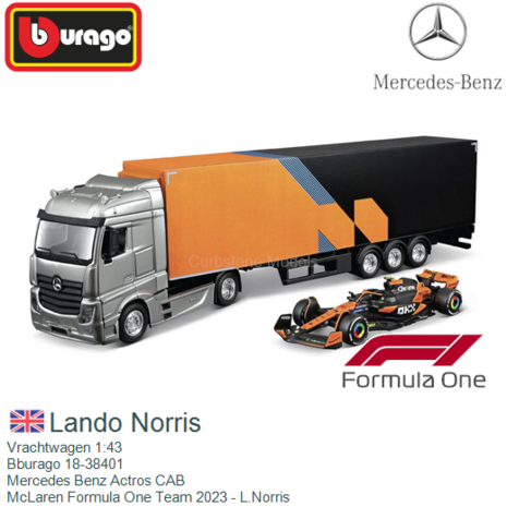 Vrachtwagen 1:43 | Bburago 18-38401 | Mercedes Benz Actros CAB | McLaren Formula One Team 2023 - L.Norris