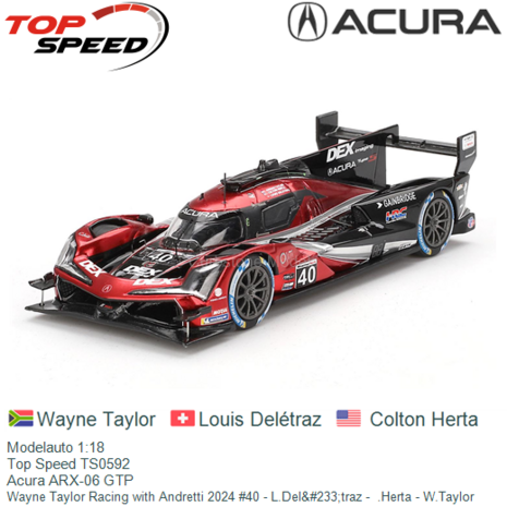 Modelauto 1:18 | Top Speed TS0592 | Acura ARX-06 GTP | Wayne Taylor Racing with Andretti 2024 #40 - L.Del&#233;traz -  .Her