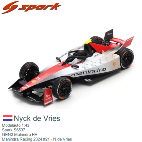 Modelauto 1:43 | Spark S6537 | GEN3 Mahindra FE | Mahindra Racing 2024 #21 - N.de Vries