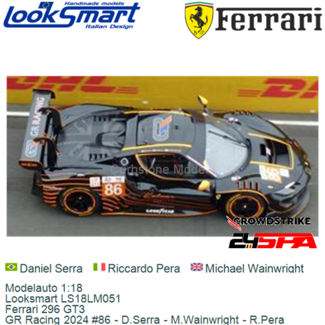 Modelauto 1:18 | Looksmart LS18LM051 | Ferrari 296 GT3 | GR Racing 2024 #86 - D.Serra - M.Wainwright - R.Pera