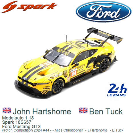 Modelauto 1:18 | Spark 18S657 | Ford Mustang GT3 | Proton Competition 2024 #44 - -.Mies Christiopher  - J.Hartshome  - B.Tuck 