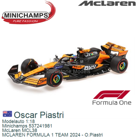 Modelauto 1:18 | Minichamps 537241981 | McLaren MCL38 | MCLAREN FORMULA 1 TEAM 2024 - O.Piastri