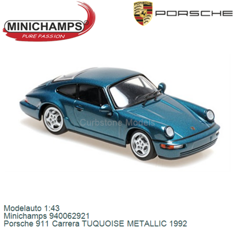 Modelauto 1:43 | Minichamps 940062921 | Porsche 911 Carrera TUQUOISE METALLIC 1992