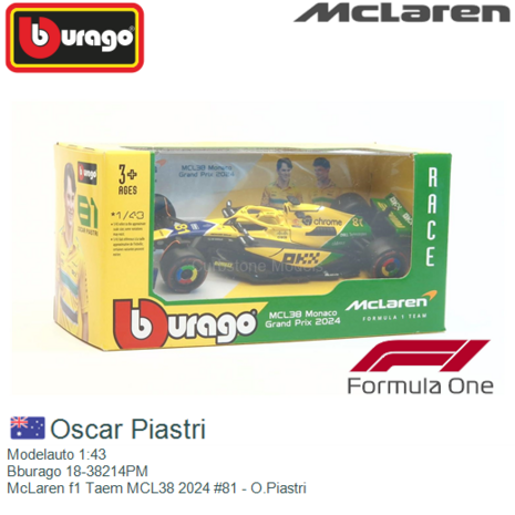 Modelauto 1:43 | Bburago 18-38214PM | McLaren f1 Taem MCL38 2024 #81 - O.Piastri