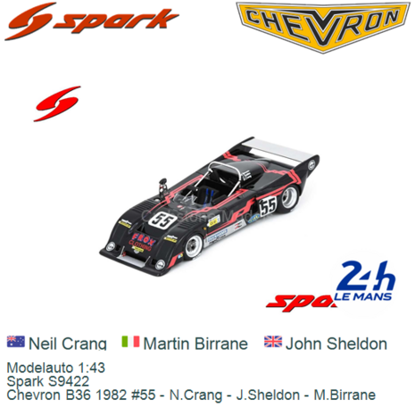 Modelauto 1:43 | Spark S9422 | Chevron B36 1982 #55 - N.Crang - J.Sheldon - M.Birrane