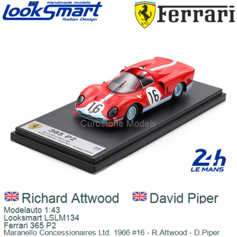 Modelauto 1:43 | Looksmart LSLM134 | Ferrari 365 P2 | Maranello Concessionaires Ltd. 1966 #16 - R.Attwood - D.Piper