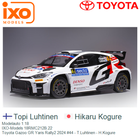 Modelauto 1:18 | IXO-Models 18RMC212B.22 | Toyota Gazoo GR Yaris Rally2 2024 #44 - T.Luhtinen - H.Kogure