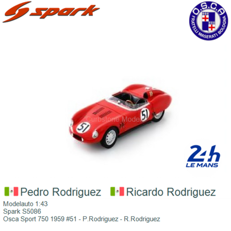 Modelauto 1:43 | Spark S5086 | Osca Sport 750 1959 #51 - P.Rodriguez - R.Rodriguez