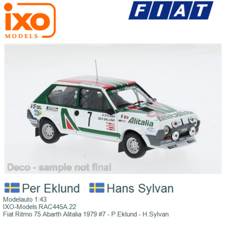 Modelauto 1:43 | IXO-Models RAC445A.22 | Fiat Ritmo 75 Abarth Alitalia 1979 #7 - P.Eklund - H.Sylvan