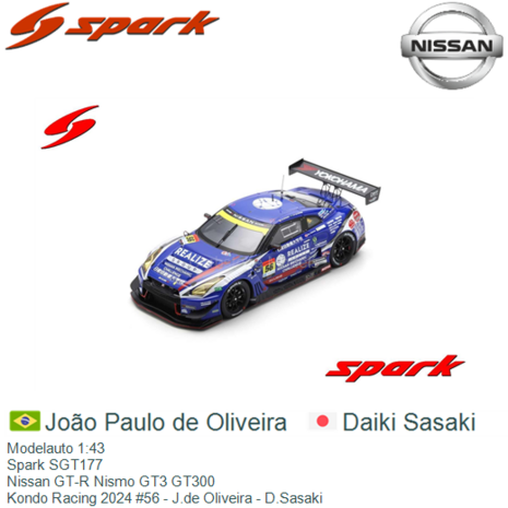 Modelauto 1:43 | Spark SGT177 | Nissan GT-R Nismo GT3 GT300 | Kondo Racing 2024 #56 - J.de Oliveira - D.Sasaki