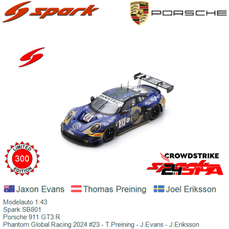 Modelauto 1:43 | Spark SB801 | Porsche 911 GT3 R | Phantom Global Racing 2024 #23 - T.Preining - J.Evans - J.Eriksson